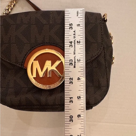 MICHAEL KORS Monogram Fulton Brown Signature Flap Chain Leather Crossbody Bag - Picture 9 of 9